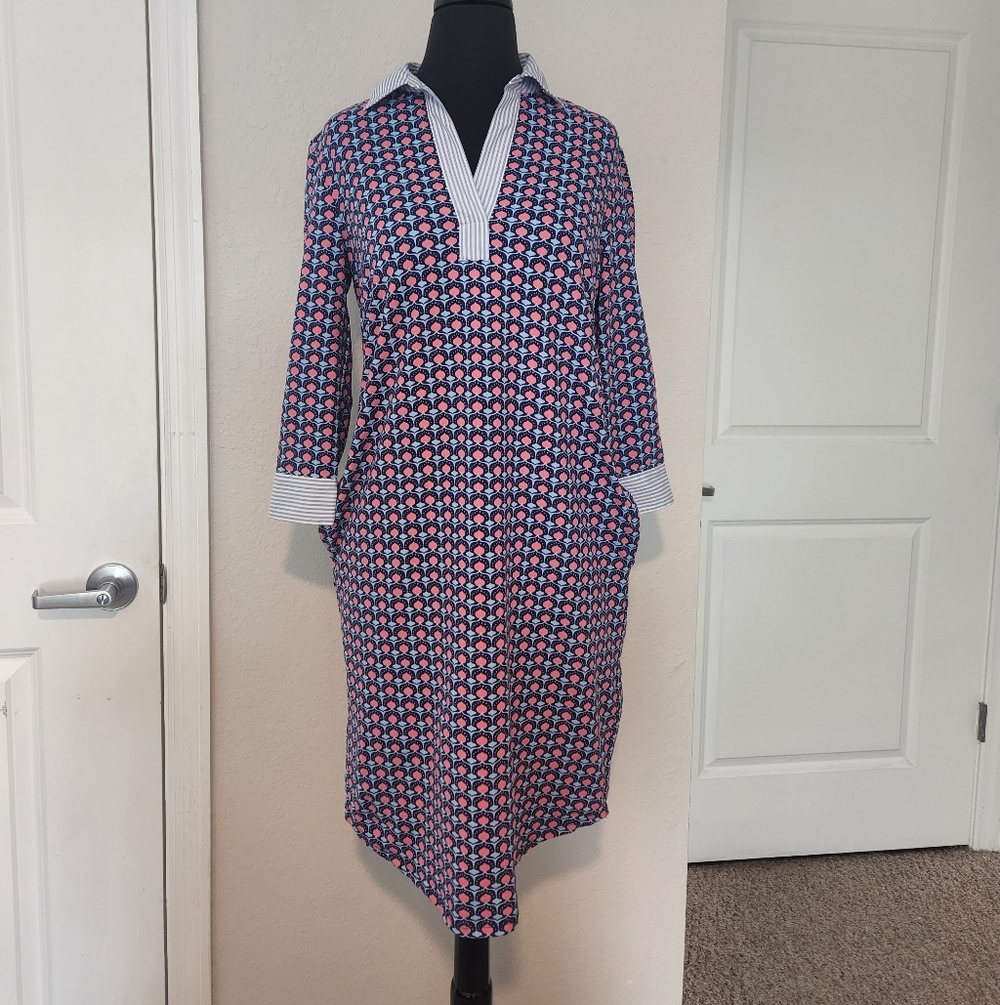 Patterned V-Neck Dress with Striped Collar